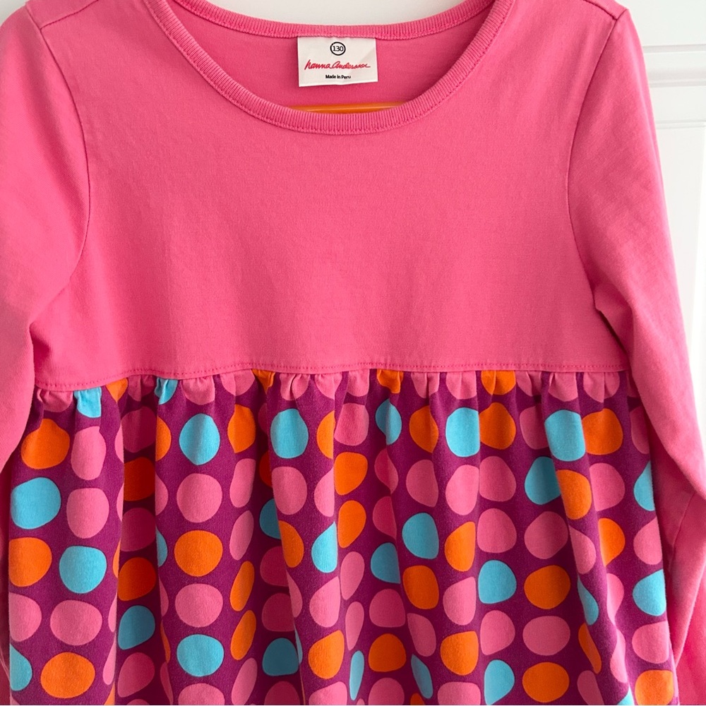 Hanna Anderrson Pink Multicolor Polka Dots Crew Neck LS Play Dress Size 130 / 8 - Picture 2 of 8